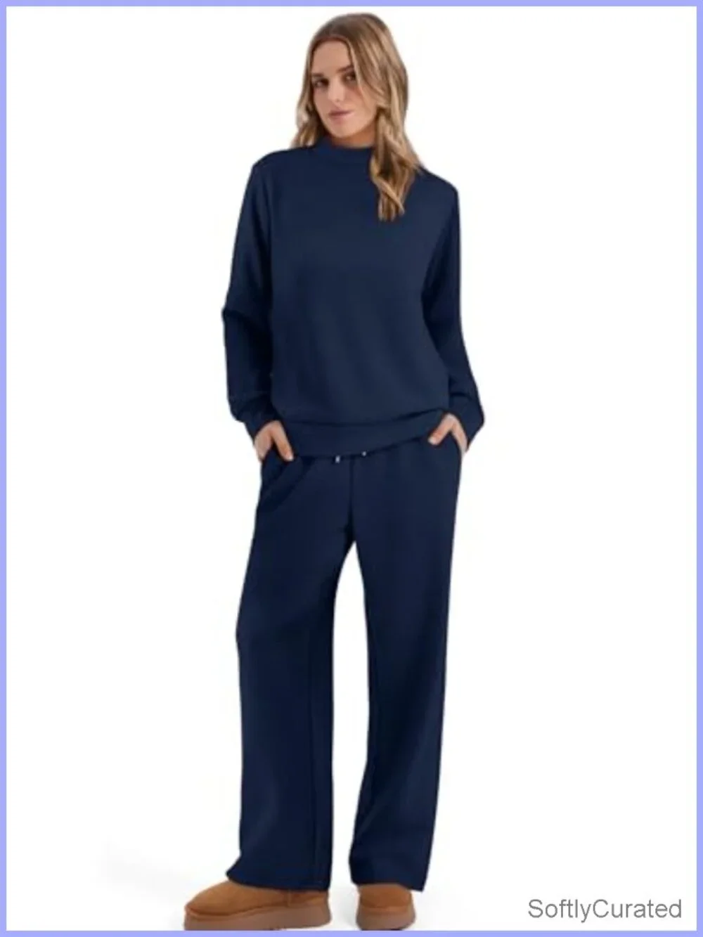 Mock Neck Matching Set Long Sleeve Top Wide Leg Pants Lounge Set